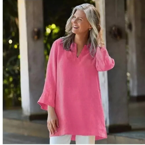 Lands' End Top Women's Large Split Neck 3/4 Sleeve Pink Tunic Linen Blend NWT - Picture 2 of 11